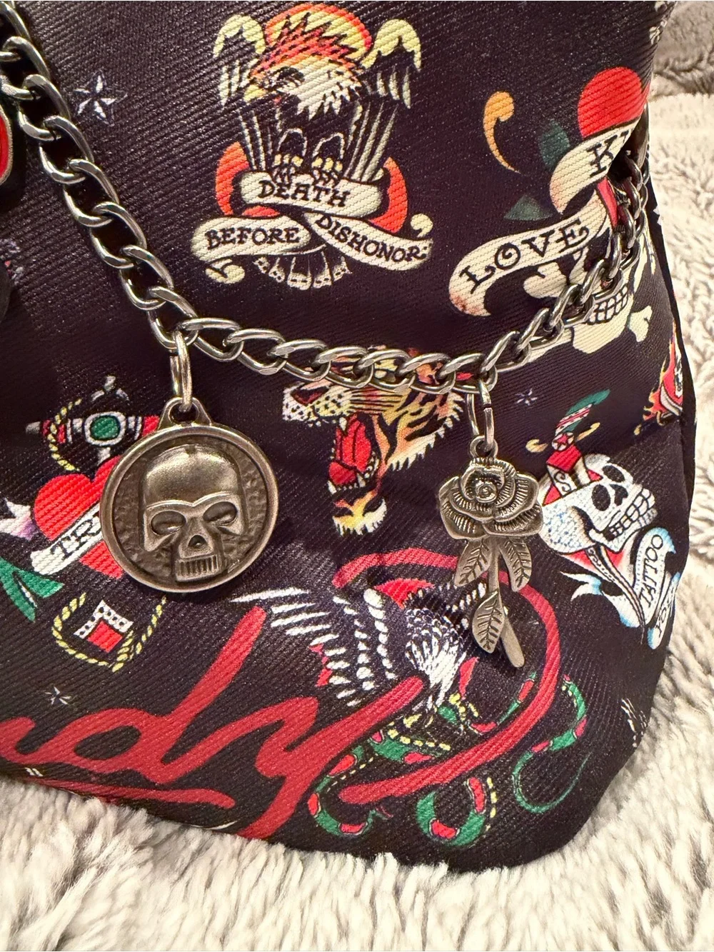 Ed Hardy “Love Kills Slowly” Tattoo Print Tote Bag NWT Black